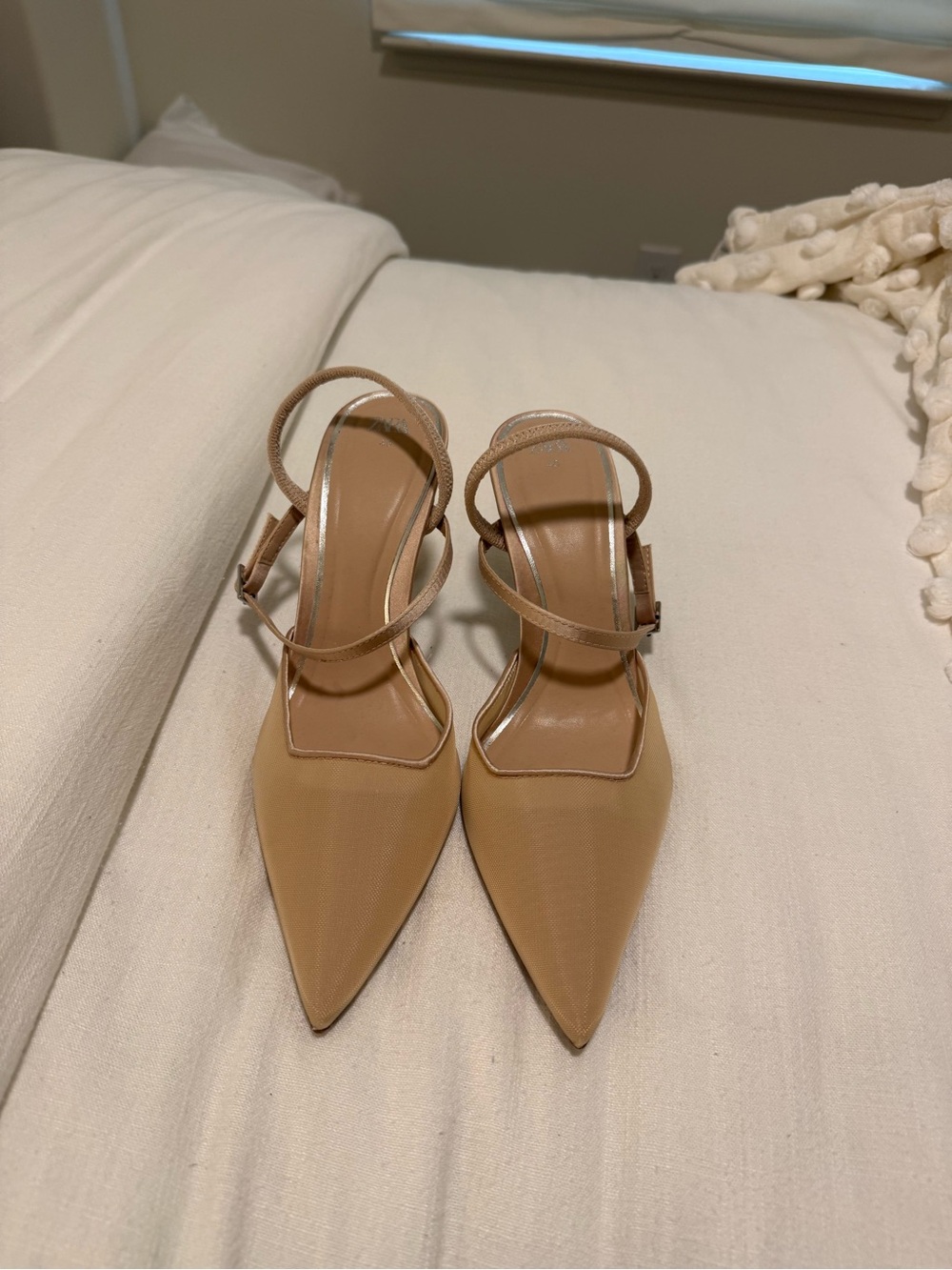 Zara Pointed Toe Double-Strap Slingback Heels in Beige